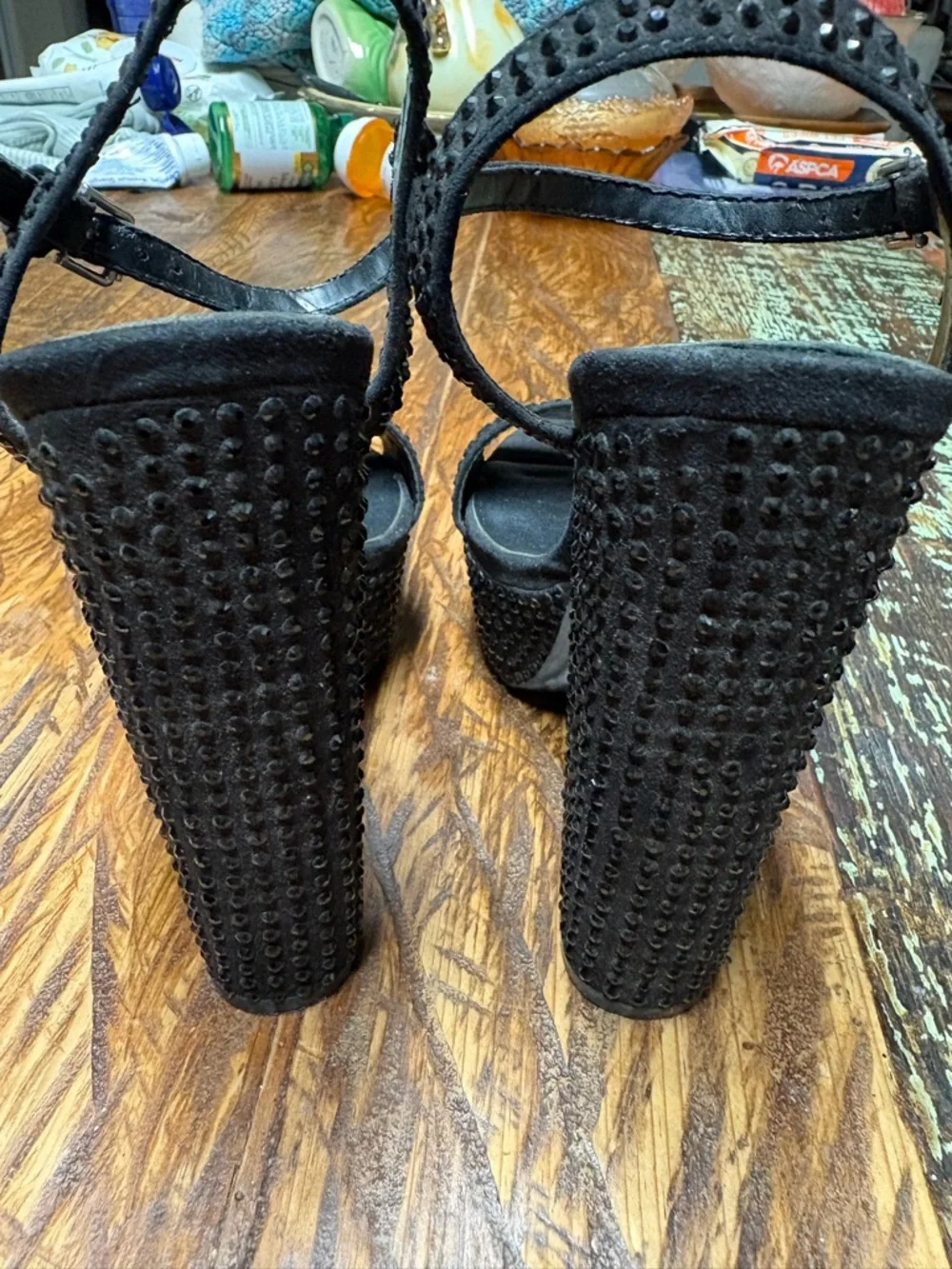 Y2K Aldo Black Mini Rhinestone Studded Platform Ankle-Strap Leather Heels Size 6